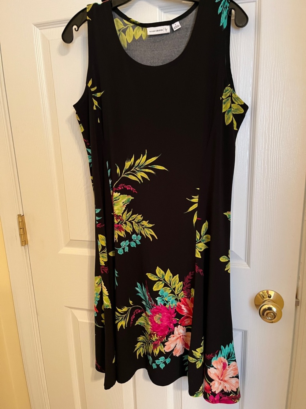 Susan Graver Black Floral Sleeveless Midi Dress with Pink and Teal Blooms